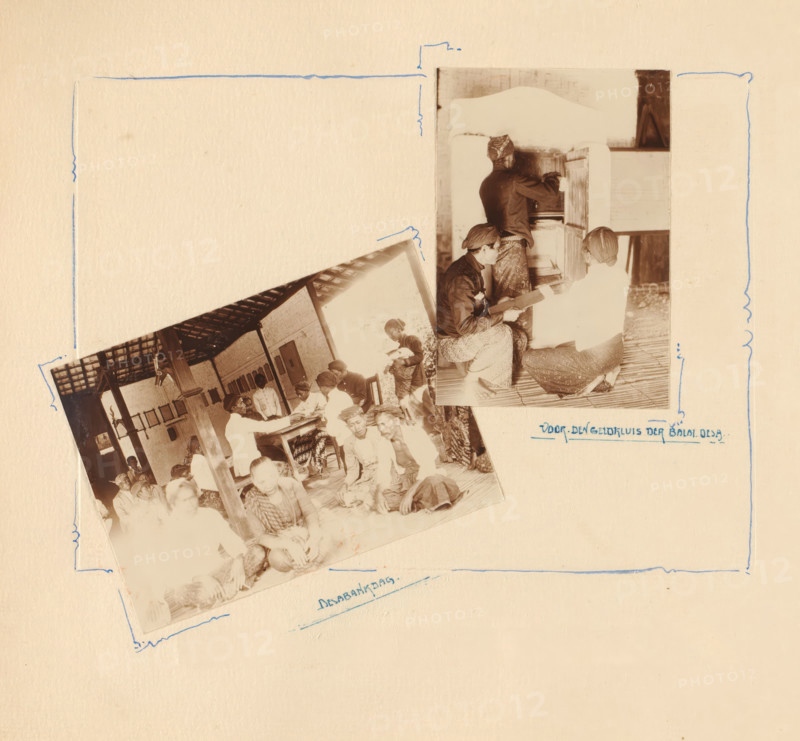 Payment day in a village in Grobogan, album page, photograph, Album page with two photos of payments by a bank in a village in Grobogan. The page is decorated with borders around the photos. Part of the photo album presented to J. Habbema by the Internal Administration Corps of the Grobogan Regency upon the termination of his administration of the Regency, probably in 1928., Grobogan, 1910 - 1928, photographer, draftsman (artist), Java, Central Java, paper, daylight gelatin silver print, drawing, height 240 mm x width 240 mm, Person, J. Habbema, Grobogan Regency, bank, paying of wages, overseas history, banking, Period, A pale beige page shows two sepia photographs affixed at angles, the top photo depicting three people seated on a woven floor near a wooden cabinet with one person reaching into it while another holds a rectangular object, and the lower photo showing a group of people gathered under a roofed structure with wooden beams and chairs, some seated on the floor and others sta...