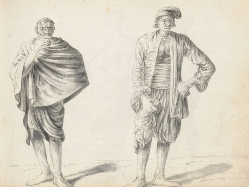 Two individuals, sketchbook page, Two men are standing outside on a road or street. The man on the left is dressed in a South Indian hip garment (veshti, lunghi, dhoti) reaching to the knee, and a shawl (chadar) around his upper body. He holds his right hand up, index finger to his mouth. His hair is short, his moustache and beard are broad and full. It could be a laborer from South India. The man on the left wears a hip garment (veshti, lungi) reaching to the knee, with a wide wrap-around cloth as a waistband, over which is an open, collarless European shirt with long sleeves that reaches down past the hips. The left hand rests on the hip; with the right hand, he holds a bag or a piece of cloth. His hair is medium-length on the sides, short at the front; he has no beard or mustache, and on his head he wears a turned-back floppy cap (à la Phrygian cap). He is a Lowland Sinhalese or a Eurasian. Sheet 12 from a sketchbook with 117 sheets., draftsman (artist): Esaias Boursse, Sri Lanka, 1...