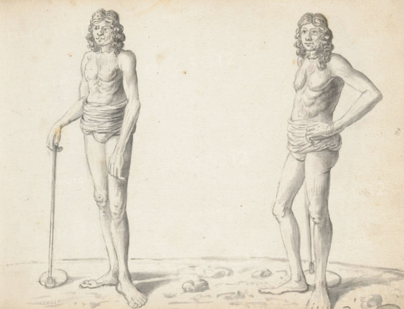 Two Sinhalese tillers, sketchbook page, Two men are standing outside in an open field. They are standing upright, each holding a hoe (udalla) on a long stick. They are both wearing only a small loincloth (lanket, lunket) that covers the groin and leaves the buttocks exposed. The long, wavy hair of both men hangs loosely over their shoulders. The man on the left has the hoe standing on the ground beside him. He holds the stick with his right hand, his left arm hanging relaxed at his side. The man on the right – possibly the same figure – has the hoe standing behind him. These man(s) are Sinhalese farmers belonging to the Goviya caste. They are clearly posing for the artist with the tool used to build the dikes in a rice field. Sheet 29 from a sketchbook with 117 sheets., draftsman (artist): Esaias Boursse, Colombo, 1662, draftsman (artist), South Asia, materials by function, paper, ink, brush, brush in gray, height 148 mm x width 196 mm, working class, laborers, sawahs, rice paddies, ag...