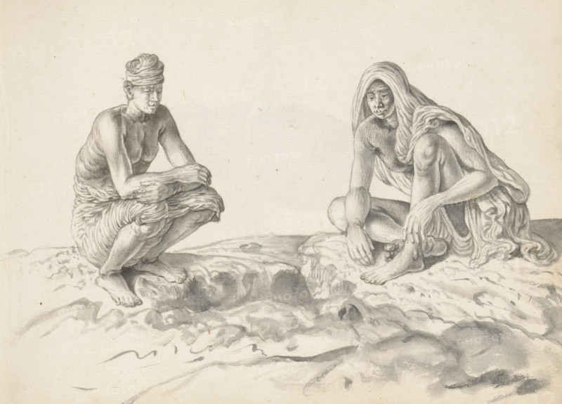 Two laborers, sketchbook page, Outside on uneven terrain, two men are sitting on the ground. He is wearing a loincloth (veshti, lungi) reaching to his knees; his upper body is uncovered. His folded arms rest on his knees. A cloth is wrapped around his head. The man on the right is wearing a high-hung loincloth, part of which hangs over his left hip, leaving his legs bare. A cloth (chadar) is draped over his head, covering his back and left shoulder. The man is sitting on the ground as if cross-legged. His arms rest relaxed on and around one knee each. The men are likely from South India and were put to work in Colombo on reconstruction. Sheet 42 from a sketchbook with 117 sheets., draftsman (artist): Esaias Boursse, Sri Lanka, 1662, draftsman (artist), South Asia, materials by function, paper, ink, brush, brush in gray, height 148 mm x width 196 mm, Asiatic races and peoples: Indians, sitting cross-legged, as tailor at work, 41D232, skirt (LUNGI), head-gear (with NAME), overseas histor...