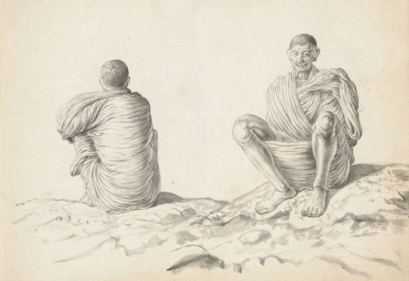 Two labourers, sketchbook page, Outside on uneven terrain, two men are sitting on the ground with their knees drawn up. Both men are wearing a loincloth (veshti, lungi) lifted to above the knees; they have wrapped a large shawl (chadar) around their upper bodies and arms. The man sitting on the left rests his covered left elbow on his left knee. The man on the right appears to be holding his arms folded in front of his chest under the shawl. His feet are standing firmly in front of him on the sloping ground. The hair of both men is short-cropped or shaved. The men are likely from South India and were put to work in Colombo on the reconstruction. It is possible that it is the same man, drawn twice. Sheet 45 from a sketchbook with 117 sheets., draftsman (artist): Esaias Boursse, Sri Lanka, 1662, draftsman (artist), South Asia, materials by function, paper, ink, brush, brush in gray, height 148 mm x width 196 mm, Asiatic races and peoples: Indians, 41D232, skirt (LUNGI), head-gear (with N...