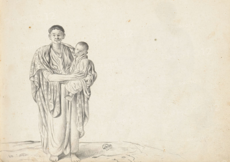 Woman with a child, sketchbook page, A standing Asian or Eurasian woman carries a child on her left hip. The woman is wearing a long wrap skirt (redda) and a Portuguese blouse with a V-neck and long sleeves (hatte). A long, loose cloth with a floral pattern lies around her back and shoulders; her hair appears to be cut short. The child has short hair and is wrapped in a cloth. Sheet 58 from a sketchbook with 117 sheets., draftsman (artist): Esaias Boursse, Sri Lanka, 1662, draftsman (artist), South Asia, materials by function, paper, ink, brush, brush in gray, height 148 mm x width 196 mm, mother and baby or young child, Asiatic races and peoples, Eurasion, half-caste, skirt (with NAME), clothing for the upper part of the body (with NAME), overseas history, Colombo, Period, 1662 - 1670, A pencil drawing of a person standing and holding a small child, both shown from head to feet, with the adult wearing flowing draped garments and the child wrapped in fabric, the adult's arms supporting...