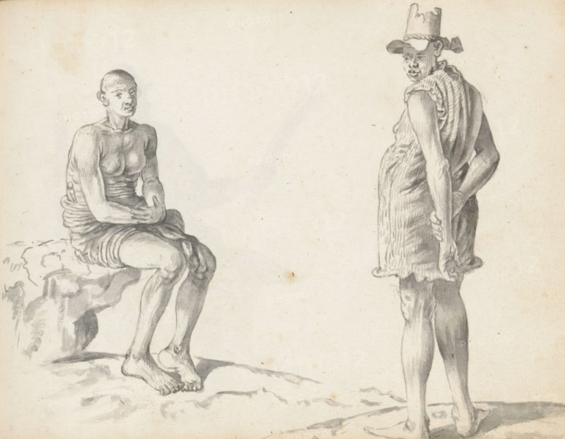 Two laborers, sketchbook page. On the left, a man sits on a rock alongside uneven terrain. A high-pulled loincloth (veshti, lungi) leaves his legs uncovered, as well as his upper body. On the right, an object protrudes from his waist, perhaps the handle of a knife. The standing man on the right is dressed in a long shirt (kamisaya) of striped fabric – sleeveless – that reaches halfway down the thigh. On his bald head, he wears a worn hat (toppiya) with a hat cord. Both men were likely employed in Colombo for the reconstruction: the man on the left is from South India, the one on the right a toepas from Jaffna. Sheet 68 from a sketchbook with 117 sheets., draftsman (artist): Esaias Boursse, Sri Lanka, 1662, draftsman (artist), South Asia, materials by function, paper, ink, brush, brush in gray, height 148 mm x width 196 mm, Asiatic races and peoples: Indians, 41D232, skirt (LUNGI), clothing for the upper part of the body (with NAME), head-gear (with NAME), overseas history, application,...
