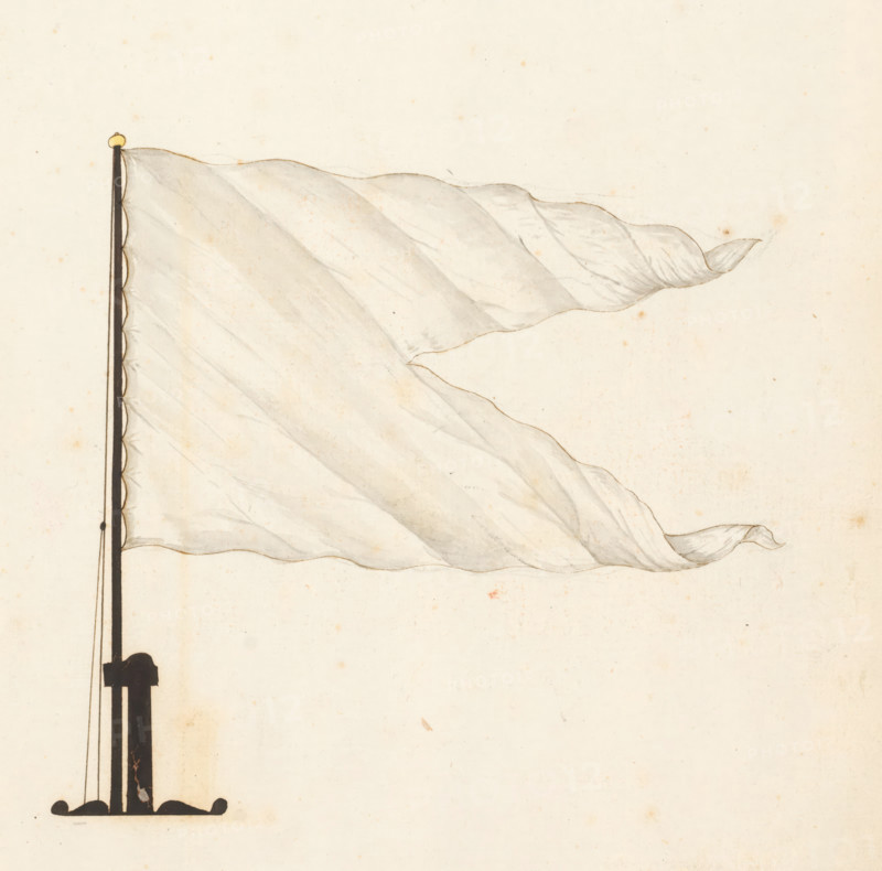Flag of France, drawing, entirely white and forked. Flag on flagpole and mast base. Depicted on folio 12r. Part of a book of flags with flags from Europe, North Africa, the Near and Far East., number: '23, XXIII, 23', France, 1667 - 1670, draftsman (artist), paint (coating), materials by function, paper, ink, watercolor (paint), pen, brush, pen in black, brush in colours, height 265 mm x width 190 mm, flag, colours (as symbol of the state, etc.), A vertically oriented dark pole with a rounded top finial stands along the left edge, with a series of small scalloped loops along its inner edge and thin ropes running beside it; attached to the pole is a dark base with rounded feet. Flowing from the pole is a large pale flag rendered with soft gray shading and delicate folds, its edges undulating and curling into tapered points as it extends to the right across the image against a light, slightly speckled background.