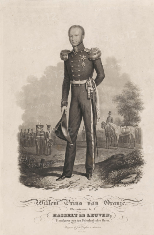 William Prince of Orange, Victor at Hasselt and Leuven, Preserver of Dutch Glory, print, Portrait of William, Prince of Orange, standing full-length, slightly to the left, holding a cocked hat in his right hand, with some soldiers in the background on the left and two horses by a tree in the background on the right. See also the pendant., printmaker: Willem Hendrik Hoogkamer, Netherlands, calligrapher: Hendrik Klouzing (II), publisher: Johannes Guykens, Amsterdam, 1831, paper, chine collé, aquatint, etching, roulette, etching and roulette on chine collé, height 540 mm x width 358 mm, Person, William II of the Netherlands, historical persons, Belgian Revolution, Battle of Leuven, Battle of Hasselt, military history, Period, 1831 - 1832, A full-length portrait of a man in a formal military uniform standing outdoors, shown in a sepia-toned lithographic style. He wears a dark double-breasted coat with decorative shoulder epaulettes and a sash at his waist, a sword hanging by his side, and ...