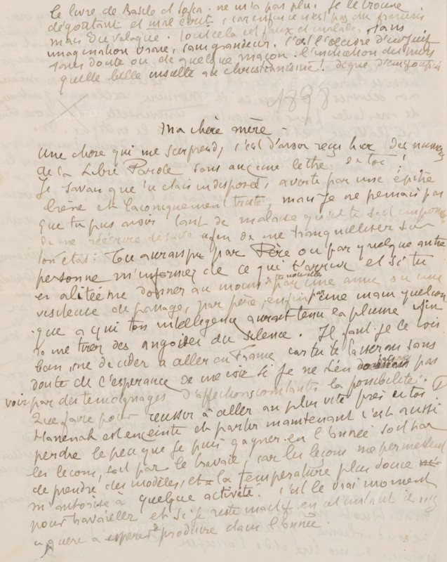 Letter to Héloïse Bernard-Bodin, letter, Letter dated 1898 in later hand., writer (clerical worker): Émile Bernard, 1878 - 1941, writer (clerical worker), materials by function, paper, ink, writing (processes), pen, height 425 mm x width 425 mm, Person, Héloïse Bernard-Bodin, A sheet of paper filled with cursive handwriting in brown ink across the page, with lines of text running horizontally and overlapping in places, a faint pencil mark crossing near the upper left, a few darker strokes and smudges scattered over the surface, and areas where writing appears lighter or faded.