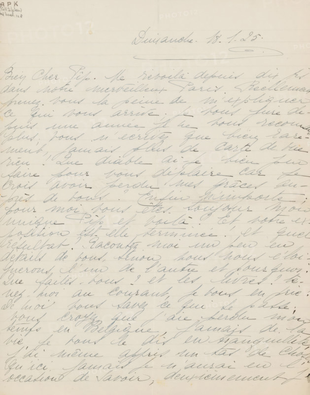 Letter to Philip Zilcken, letter, writer (clerical worker): Rose Imel, 1925-01-18, writer (clerical worker), paper, materials by function, lined paper, ink, writing (processes), pen, height 425 mm x width 425 mm, Person, Philip Zilcken, workshop, studio of the artist (in general), exhibition, art, art trade, art shop, Belgium, A sheet of aged lined paper covered in cursive handwriting in dark ink, with the writing filling most of the page in flowing diagonal strokes; the paper shows faint horizontal ruling, a small round stain near the top edge, and a faint crease down the center; the upper left corner has a small rectangular smudged mark, and there are subtle discolorations and tiny spots near the bottom edge; overall the page has an off-white tone with evenly spaced handwritten lines across its surface.