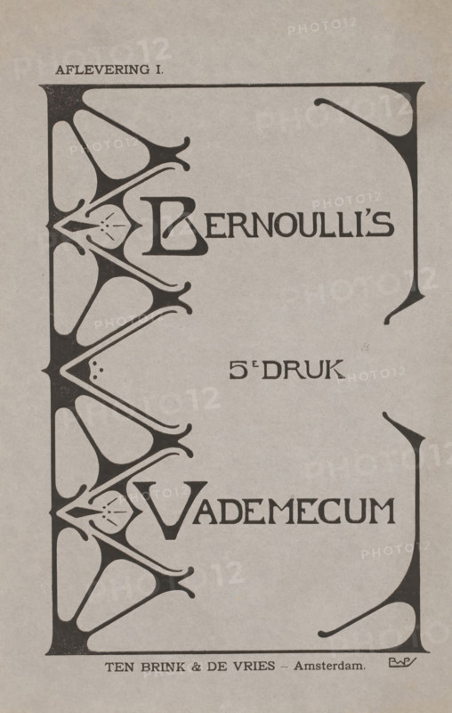 Cover of: Bernoulli's Vademecum, 1902, wrapper, photomechanical print, collector's mark: 'R:MVS.', cliché maker: Reinier Willem Petrus de Vries (1874-1953), publisher: Brink & De Vries, Ten, Amsterdam, paper, printing block, cliché in black on grey paper, height 247 mm x width 160 mm, ornament, geometric motifs, A vertical page with a pale textured background and a dark ornate border featuring curved, organic shapes resembling stylized vines and petals running along the left edge and wrapping into the top and right margins, and larger decorative corner flourishes at the top and bottom right; a large decorative initial near the upper left transitions into the border motif, and a second large ornamental letter appears lower on the page, both integrated with the border design; several lines of centered dark typographic elements appear across the page, with one set positioned near the upper quarter, another set near the middle, and a larger set toward the lower half; a narrow horizontal ru...