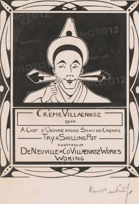 Design for an advertisement for Crème Villaenkoz shaving foam, drawing, design, A man with a hat applies shaving foam to his face with a brush., collector's mark: 'R:MVS.', address: 'RWP de Vries Jr., Warmoesstraat 122, Amsterdam, Holland', draftsman (artist): Reinier Willem Petrus de Vries (1874-1953) (signed by artist), 1884 - 1952, Reinier Willem Petrus de Vries (1874-1953), draftsman (artist), paint (coating), ink, materials by function, paper, India ink (ink), pencil, deck paint, pen, brush, pen and brush in India ink over pencil, corrections with white opaque paint, height 232 mm x width 143 mm, care of the body, hygiene, A stylized black and white illustration framed by decorative borders shows a head-and-shoulders figure wearing a rounded hat with a pointed top and a circular ornament, a dark band across the forehead, and a high collar. The figure holds a straight razor or similar blade near the cheek with one hand, the other hand raised toward the face, and has thin arched eye...
