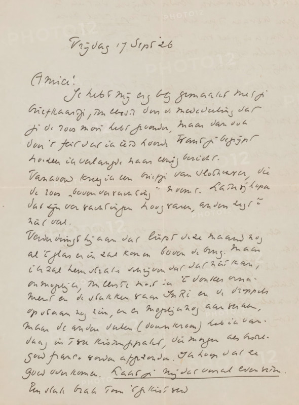 Letter to Willem Bogtman, letter, watermark, writer (clerical worker): Richard Nicolaüs Roland Holst, 1926-09-17, writer (clerical worker), materials by function, paper, ink, writing (processes), pen, height 425 mm x width 425 mm, Person, Willem Bogtman, Dirk Frederik Slothouwer, applied arts, arts and crafts, industrial design, Utrecht, Utrecht Cathedral, Domkerk (Utrecht), A sheet of aged paper with uneven edges and a vertical crease down the center, covered in flowing dark ink handwriting that fills most of the page, with larger script near the top and densely written lines across the middle and lower areas, the ink varying slightly in darkness and occasional small smudges, the paper showing faint discoloration and subtle texture.