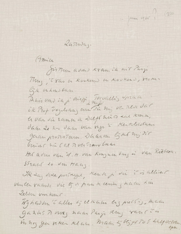 Letter to Willem Bogtman, letter, Dated June 1925? in later hand., writer (clerical worker): Richard Nicolaüs Roland Holst, 1925, writer (clerical worker), materials by function, paper, ink, writing (processes), pen, height 425 mm x width 425 mm, Person, Willem van Konijnenburg, Willem Vogelsang, Willem Bogtman, drawing, applied arts, arts and crafts, industrial design, Paris, Utrecht, Delft, Nieuwe Kerk (Delft), Dom van Utrecht, Domkerk (Utrecht), A vertically oriented sheet with a pale textured background and faint grid-like pattern, covered in flowing dark ink handwriting across the page, with a larger cursive heading near the top and denser lines of script filling the central and lower areas, and a small circular mark near the upper right.