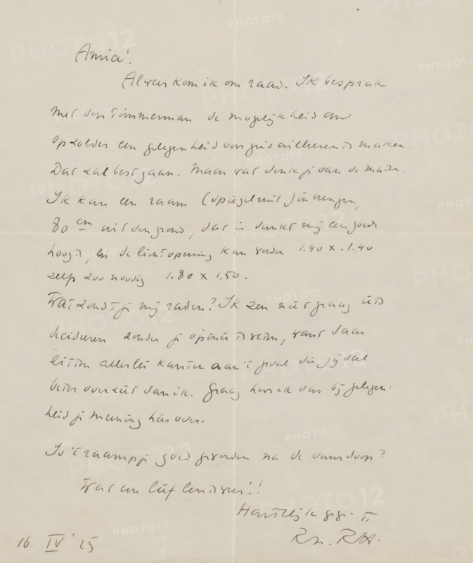 Letter to Willem Bogtman, letter, writer (clerical worker): Richard Nicolaüs Roland Holst, 1925-04-16, writer (clerical worker), draftsman (artist), materials by function, paper, ink, pencil, writing (processes), pen, height 425 mm x width 425 mm, Person, Willem Bogtman, drawing, sketch, applied arts, arts and crafts, industrial design, Utrecht, Utrecht Cathedral, Domkerk (Utrecht), A sheet of off-white paper with cursive handwriting across its surface, showing several horizontal fold creases and a faint vertical crease near the center, the ink of the handwriting appearing darker in some strokes and lighter in others, with slightly irregular line spacing and varied slant, small smudges and age spots scattered on the paper, and a small darker spot near the top edge.