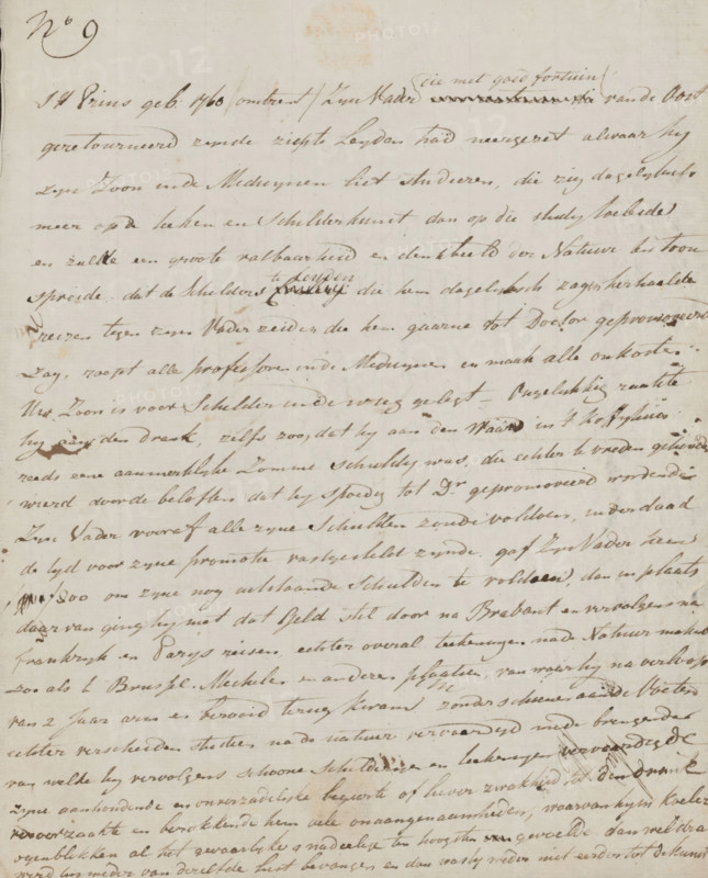 Letter to unknown, letter, watermark, seal, writer (clerical worker): Adriaan Bemme, 1763 - 1806, writer (clerical worker), materials by function, paper, ink, writing (processes), pen, height 425 mm x width 425 mm, Person, Johannes Huibert Prins, education, tuition of the artist (in general), painting (including book-illumination, miniature-painting), money, An aged sheet of paper with cursive ink writing across its surface, showing flowing brownish script lines that slant diagonally and vary in thickness; the paper has a light beige tone with subtle discoloration spots and faint stains, a darker ink blot in one area, and small smudges and corrections where the writer crossed out words; the top left corner shows a small decorative mark and the edges of the page are slightly worn and uneven.