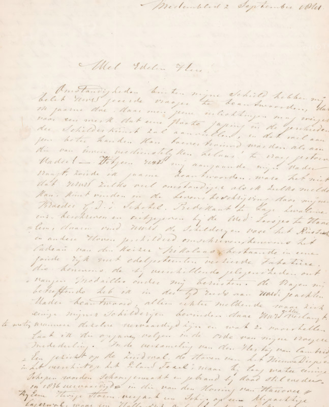 Letter to Christiaan Immerzeel, letter, writer (clerical worker): Petrus Johannes Schotel, Medemblik, 1841-09-02, writer (clerical worker), materials by function, paper, ink, writing (processes), pen, height 425 mm x width 425 mm, Person, Christiaan Immerzeel, art collecting, painting (including book-illumination, miniature-painting), distribution of awards, art contest, A faded handwritten letter on aged cream paper with cursive ink writing covering most of the page, showing uneven ink tones and slight smudges, with a larger, more decorative line of script near the top center and dense, flowing lines of script filling the rest of the sheet, small stains and light discoloration scattered across the surface, and faint creases and subtle paper texture visible throughout.