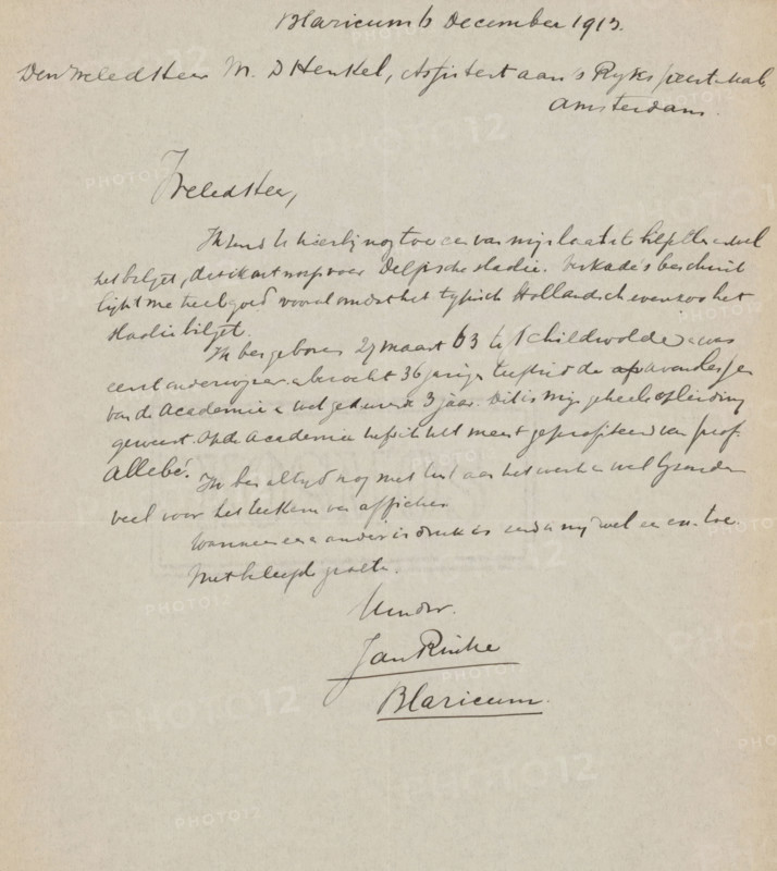 Letter to Max Dittmar Henkel, letter, writer (clerical worker): Jan Rinke, Blaricum, 1913-12-06, writer (clerical worker), materials by function, paper, ink, writing (processes), pen, height 425 mm x width 425 mm, Person, August Allebé, Royal Academy of Visual Arts (The Hague), Max Dittmar Henkel, education, tuition of the artist (in general), applied arts, arts and crafts, industrial design, A sheet of aged paper with cursive handwriting in dark ink across the top and upper middle, including a larger cursive word centered near the top and a block of densely written cursive lines below it, followed by a signature-like cursive name near the lower middle and an underlined cursive word beneath the signature, the lower half of the page largely blank.