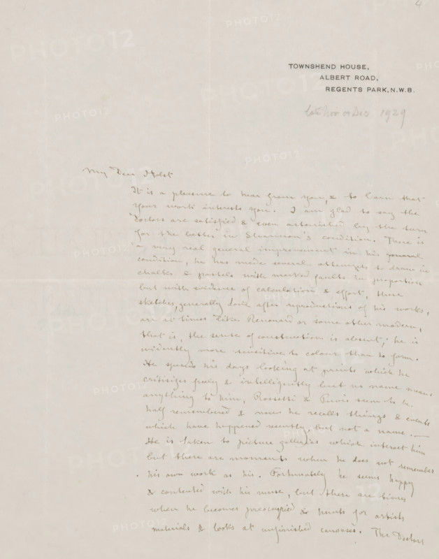 Letter to Richard Roland Holst, letter, writer (clerical worker): Charles Ricketts, London, 1876 - 1931, writer (clerical worker), materials by function, paper, ink, writing (processes), pen, height 425 mm x width 425 mm, Person, Richard Nicolaüs Roland Holst, Pierre Cécile Puvis de Chavannes, Charles Haslewood Shannon, Dante Gabriel Rossetti, diseases, Rome, Italy, Naples, A pale, slightly textured sheet with a vertical fold down the center and a horizontal fold across the middle, showing faded, cursive handwriting in sepia ink clustered along the right half of the page and a small block of printed text near the top right, with a faint pencil annotation nearby; the left side of the sheet is mostly blank with a small handwritten salutation above the main body, and the paper exhibits subtle creases, slight discoloration, and a soft off-white tone overall.