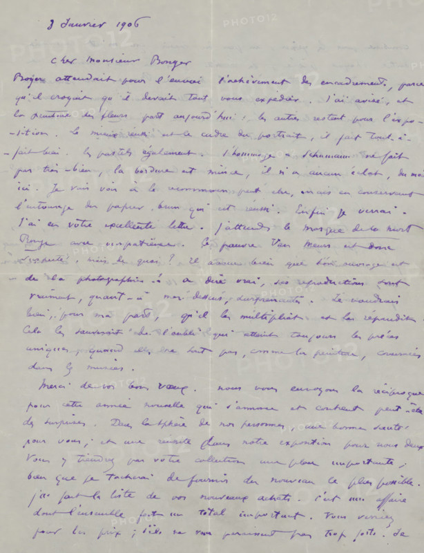Letter to Andries Bonger, letter, watermark, writer (clerical worker): Odilon Redon, Paris, 1906-01-03, writer (clerical worker), materials by function, paper, ink, writing (processes), pen, height 425 mm x width 425 mm, Person, Buffa en Zonen, Frans, Jean-Marie Boyer, Andries Bonger, Kunsthandel Durand Ruel, drawing, art collecting, historical persons (portraits and scenes from the life), exhibition, art, money, photography, cinematography, A single sheet of pale paper with a vertical fold down the center and a faint horizontal fold, covered edge to edge with slanted cursive handwriting in violet ink, showing variations in ink density and occasional smudges, with the ink lines forming continuous flowing strokes across the page and a few darker, more heavily written areas, the paper surface exhibiting slight creases and subtle shadowing around the folds, and small areas of uneven discoloration.