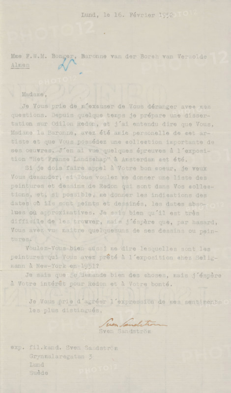 Letter to Françoise WM Bonger, letter, watermark, writer (clerical worker): Sven Sandström, Lund, 1952-02-16, writer (clerical worker), materials by function, paper, ink, typewriting, writing (processes), pen, height 425 mm x width 425 mm, Person, Odilon Redon, Françoise WM Bonger, drawing, art collecting, painting (including book-illumination, miniature-painting), A faded typed letter on off-white paper with a narrow left margin, showing faint typed lines across the page and a handwritten signature in brownish ink near the lower center; the top area contains a short centered typed line, and a small blue ink mark appears near the upper left portion; overall the page shows light creases, slight discoloration, and pale typewritten text forming multiple paragraphs down the sheet.
