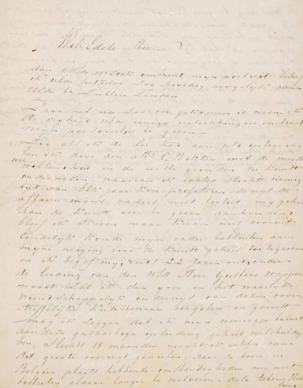 Letter to Johannes Immerzeel, letter, writer (clerical worker): Jan Hendrik van de Laar, Rotterdam, 1840-05-20, writer (clerical worker), materials by function, paper, ink, writing (processes), pen, height 425 mm x width 425 mm, Person, Gustave Wappers, Johannes Immerzeel, Cornelis Bakker, education, tuition of the artist (in general), travelling, tourism, family life, historical persons (portraits and scenes from the life), Belgium, A sheet of aged paper with flowing cursive handwriting across its surface, the ink varying from dark to faded and appearing in soft brown tones, faint bleed-through from the reverse side visible beneath the top layer, small scattered spots and slight stains on the paper, subtle creases and an uneven edge at the top, the handwriting forming slanted lines that fill most of the page with larger, more decorative script at the upper center.