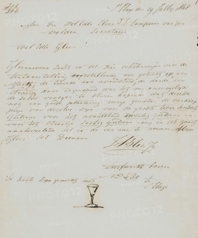 Letter to Jan Jacob Lampsins van den Velden, letter, writer (clerical worker): Joseph Bles, The Hague, 1848-07-28, writer (clerical worker), draftsman (artist), materials by function, paper, ink, writing (processes), pen, height 425 mm x width 425 mm, Person, Committee of the Exhibition of Living Masters in Utrecht, Jan Jacob Lampsins van den Velden, painting (including book-illumination, miniature-painting), exhibition, art, money, cup, A pale sheet of paper with sepia ink handwriting across the upper and middle areas and a small ink sketch of a goblet near the lower center, the writing varying in size and slant with visible signatures and flourishes, faint creases and slight discoloration near the edges, and uneven ink intensity creating darker and lighter strokes.