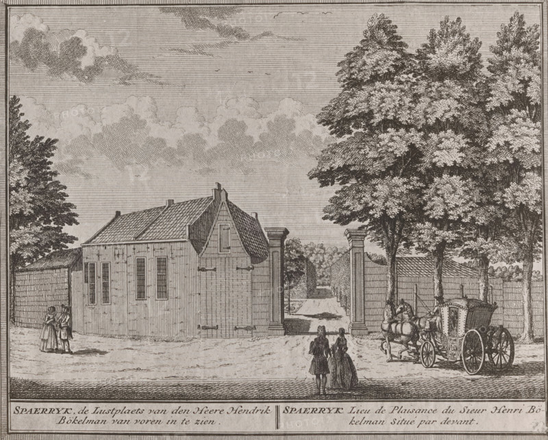 Photo reproduction of a print of the Spaarrijk country estate in Haarlem by Hendrik de Leth, photograph, reproduction, number: ''22.78.', inscription: 'Spaerryk, the pleasure grounds of Mr. Hendrik Bökelman open for viewing.', annotation: 'Spaarendijk, (municipality of Schoten), municipality of Haarlem', after print by Hendrik de Leth, 1900 - 1930, Hendrik de Leth, photographer, after print by, paper, gelatin silver print, developed gelatin silver print, height 163 mm x width 201 mm, villa, Haarlem, A monochrome engraved scene showing a large building with a tiled roof and tall narrow windows, flanked by tall leafy trees on the right and smaller foliage on the left, an open gateway with columns leading to a tree-lined path in the center, a horse-drawn ornate carriage at right with a driver and a seated horse, small groups of people in period clothing standing and walking in the foreground, textured clouds and lined sky above, and a bordered frame surrounding the entire image.