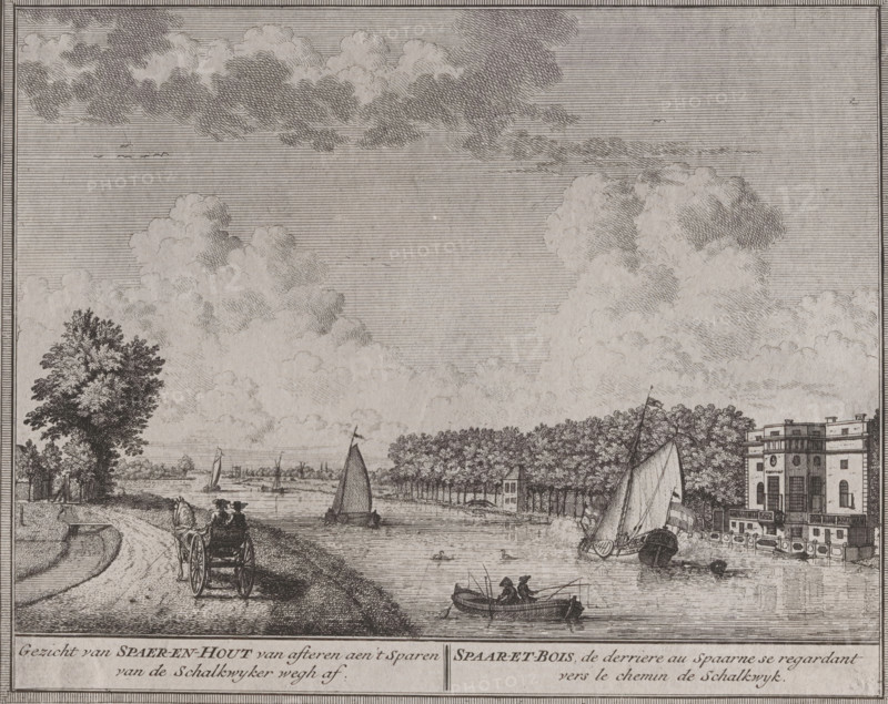 Photo reproduction of a print of a view of Heemstede by Hendrik de Leth, photograph, reproduction, number: ''22.35.', annotation: 'Heemstede', inscription: 'View of Spaer-en-Hout from behind at Spaer-en-Hout from the Schalkwykerwegh', after print by Hendrik de Leth, 1900 - 1930, Hendrik de Leth, photographer, after print by, paper, gelatin silver print, developed gelatin silver print, height 163 mm x width 201 mm, river, street (city(-scape) with figures, staffage), Heemstede, A wide etched landscape showing a river with several small sailboats and rowboats on the water, a tree-lined bank, and a road running beside the river where a horse-drawn carriage travels away from the viewer; large billowy clouds fill the sky above finely hatched horizontal lines, a cluster of trees and a multi-story building with rectangular windows and a balustrade sit near the water, and a framed border surrounds the scene.