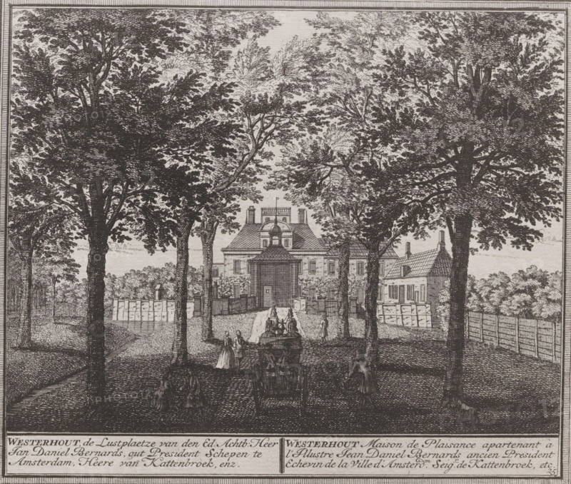 Photo reproduction of a print of a view of the country estate Westerhout in Beverwijk by Hendrik de Leth, photograph, reproduction, number: ''22.76.', annotation: 'Heemstede', inscription: 'Westerhout, the pleasure grounds of the Honorable Mr. Jan Daniel Bernards, former President Alderman of Amsterdam, Lord of Kattenbroek, etc.', after print by Hendrik de Leth, 1900 - 1930, Hendrik de Leth, photographer, after print by, paper, gelatin silver print, developed gelatin silver print, height 165 mm x width 193 mm, villa, Beverwijk, A detailed black and white engraving showing a tree-lined avenue leading to a large gated house with a central doorway and pitched roof, flanked by smaller buildings and walls; tall leafy trees dominate the foreground and frame the view, their trunks and branches rendered with fine crosshatching, while a fountain or sculpture sits along the path and small figures in period dress stand and walk near it; fences and hedges border the estate and a narrow driveway ru...