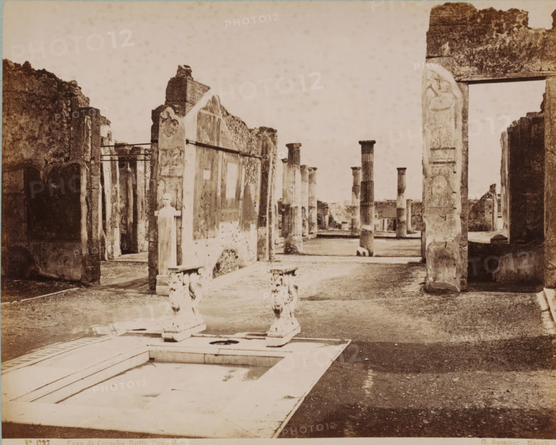 Remains of Cornelio Rufo's house in Pompeii, Casa di Cornelio Ruffo Pompei, photograph, collector's mark: 'VOSMAER', number: 'No. 1237.', photographer: Giorgio Sommer, Pompeii, 1857 - 1875, pasteboard, paper, albumen print, height 315 mm x width 420 mm, urban housing, ruin of a building, architecture, landscape with ruins, Casa di Cornelio Rufo, A sepia photograph shows an open archaeological site with weathered stone walls and tall fluted columns arranged in rows across a dirt courtyard. In the foreground there is a rectangular sunken basin with a decorative edge and two ornate stone supports with sculpted motifs placed on its far side. Ruined doorways and fragmented wall panels with patches of plaster and carved reliefs frame the view on either side, and a freestanding stone bust is mounted on a short pedestal near one of the walls. The ground is uneven with scattered stones and the sky above is pale and empty.