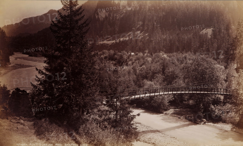 Pont Turrian pres Chateau d'Oex, View of the Pont Turrian in Château-d'Œx, Switzerland, photograph, collector's mark: 'VOSMAER', number: 'No 1698A', Château-d'Œx, 1901, photographer, paper, albumen print, height 133 mm x width 222 mm, landscape with bridge, viaduct or aqueduct, Pont Turrian, A sepia-toned landscape showing a river flowing through a wooded valley with a wooden footbridge arching across the water, tall conifer trees in the foreground partially obscuring the bridge, dense foliage and shrubs covering the valley floor, rocky banks along the river, a distant slope and forested hills rising in the background, and a small light-colored roof peeking above the treetops.