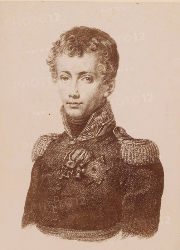 Photo reproduction of a print with a portrait of a man, possibly Prince Frederik, by Willem van Senus, photograph, reproduction, inscription: '281 D', inscription: 'Pr Frederik? in 1814?', after print by Willem van Senus (attributed to), c. 1880 - c. 1900, Willem van Senus, photographer, after print by, Attributed to, pasteboard, paper, albumen print, height 174 mm x width 127 mm, height 213 mm x width 160 mm, Person, Frederik (Prince of the Netherlands), print, eg: engraving, etching, lithograph, A sepia-toned portrait of a young man shown from the chest up wearing a dark military uniform with a high collar and decorative braiding on the shoulders, his face framed by short curly hair and a neutral expression, with detailed shading that defines his eyes, nose, and lips, and several ornate medals and a star-shaped decoration displayed on his chest.