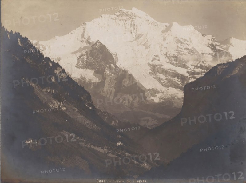 View of the Jungfrau, Interlaken, die Jungfrau, photograph, collector's mark: 'VOSMAER', number: '3043', photographer: attributed to Gebrüder Wehrli, 1897 - 1924, Gebrüder Wehrli, photographer, Attributed to, paper, baryta paper, gelatin silver print, developing gelatin silver print, height 163 mm x width 218 mm, mountain-range, snow peaks, Alps, Bernese Alps, Jungfrau, A wide mountain scene fills the image with a large snow-covered peak rising in the background and rugged rock faces and glaciers on its slopes, darker tree-covered ridges framing the left and right sides of the view, a deep valley leading toward the foreground with scattered rocky outcrops and areas of lighter snow or exposed rock, and a pale sky above.