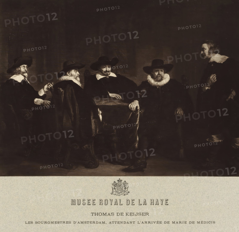 Photo reproduction of a painting by Thomas de Keyser, 'The Mayors of Amsterdam Learn of the Arrival of Maria de' Medici', photograph, publisher: Adolphe Braun & Cie., 1886, Adolphe Braun & Cie., publisher, pasteboard, paper, carbon print, paper on cardboard, height 202 mm x width 274 mm, A dark-toned painting shows five seated men and one standing man arranged across the scene, all wearing dark clothing and wide-brimmed hats or ruffled collars; the seated figures sit around a wooden table with visible hands resting on its surface and chairs with carved armrests, while the standing figure faces them with one hand raised; the men's faces and beards are illuminated against a shadowed background and one seated man wears a conspicuous ruff collar.