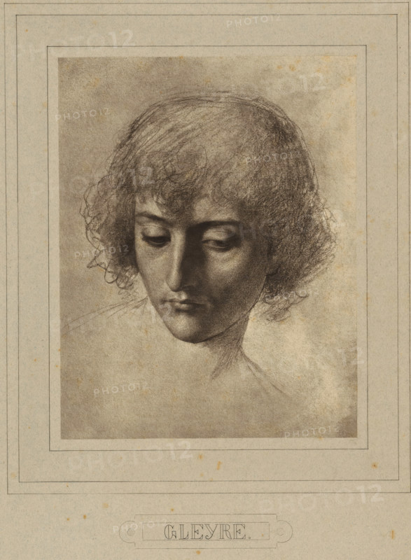 Photo reproduction of a drawing by Charles Gleyre (head of a young man), photograph, publisher: Adolphe Braun & Cie., vendor: MM Couvée, 1880 - 1900, pasteboard, paper, carbon print, paper on cardboard, height 246mm x width 191mm, A monochrome drawing of a young person’s head and upper neck centered within a bordered rectangular mat, showing a downward gaze and closed or nearly closed eyes, a straight nose, and slightly parted lips; the hair is short, curly, and textured with soft, dark shading that contrasts with lighter areas of the face and background, with fine, sketchy strokes defining hair strands and subtle tonal gradients modeling the cheekbones and jaw; the background is a smooth, lightly mottled wash, and the surrounding paper has a decorative double-lined frame and faint age spots.