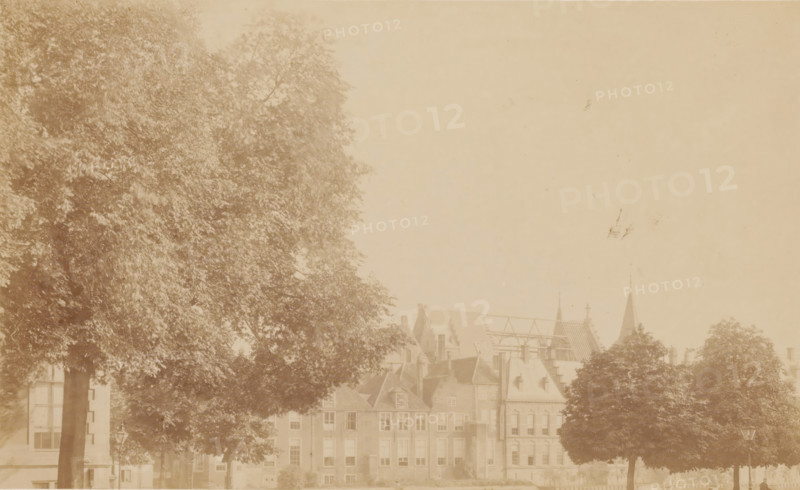 View of the Binnenhof with the Ridderzaal during restoration, photograph, annotation: 'The Hague, the Ridderzaal and the buildings of the Binnenhof seen from the Tournoiveld, July 1, 1902', annotation: 'Vijverberg, Viewed from Tournoiveld towards the buildings of the Ministry of the Interior etc. The roof (under restoration) of the Ridderzaal rises above it, 1902, The Hague', Tournooiveld, photographer, The Hague, Attributed to, paper, pasteboard, albumen print, height 139 mm x width 230 mm, national government, Binnenhof, A faded sepia-toned scene showing the upper portions of multi-story buildings with steep roofs and chimneys partially obscured by large leafy trees, with a tall spire and roof trusses visible above the rooftops, broad tree canopies dominating the left and right sides, a lamp post near the base of a tree, and an open pale sky occupying much of the upper area.
