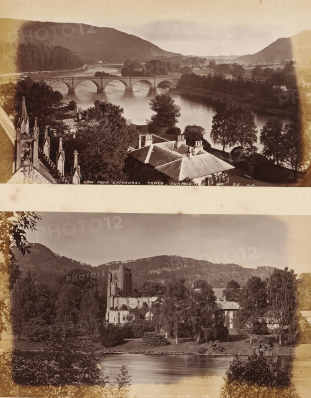 View from cathedral tower, Dunkeld, View of the Tay from Dunkeld Cathedral and View of Dunkeld Cathedral, Dunkeld Cathedral, from river, album page, photograph, This page is part of an album., number: '285, JV', number: '35, c. 1875 - c. 1885, photographer, Perth and Kinross, paper, albumen print, height 298 mm x width 236 mm, river, church (exterior), bridge, A sepia-toned image showing two stacked landscape scenes separated by a blank horizontal band; the upper scene features a river with a multi-arched stone bridge spanning it, tree-covered hills in the background, and rooftops and decorative cathedral spires in the foreground, with tall trees along the riverbank; the lower scene shows a river in the foreground with trees and shrubs on its near bank, a lawn and scattered trees beyond, and a large stone cathedral with a tower partially obscured by trees set against wooded hills.