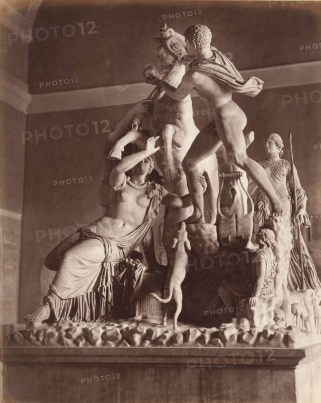 Museo di Napoli - Toro Farnese, Farnese Stier, album page, photograph, This photo is part of an album., number: '1501', workshop stamp: 'Giorgio Sommer, Largo Vittoria, Napoli', photographer: Giorgio Sommer, Naples, 1874 - in or before 1879, paper, albumen print, albumendruk, height 251 mm x width 199 mm, sculpture, Amphion and Zethus avenge their mother by tying Dirce to the horns of a bull, A stone sculpture group on a raised rectangular base shows multiple human figures and animals in a classical style, with a central rearing bull whose head is held by a standing male figure draped with a cloth over his shoulder; a reclining female figure with flowing garments reaches upward toward the bull while another partially visible figure supports the animal from behind; a small dog stands on its hind legs at the bull's side; a female figure in a long dress stands to the right holding a long thin object; carved decorative elements and drapery folds are visible across the composition, and the ...
