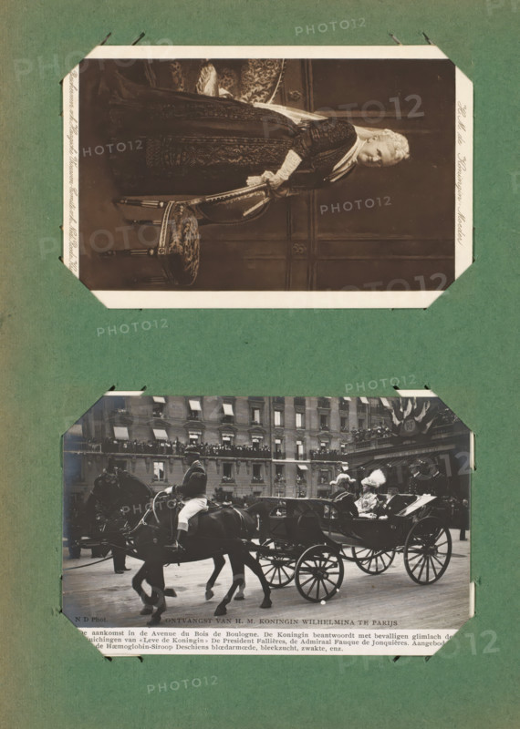 Two picture postcards of a portrait of Queen Mother Emma and a visit by Queen Wilhelmina to Paris, album page, photograph, picture postcard, photomechanical print, This photo and print are part of an album., inscription: 'HM the Queen Mother, Patron of the Hague Women's Committee of the Netherlands Red Cross', inscription: 'Reception of HM Queen Wilhelmina in Paris, The arrival, weakness, etc.', photographer: Neurdein Frères, Paris, cliché maker: anonymous, c. 1910 - 1912-06-02, Neurdein Frères, photographer, cliché maker, paper, pasteboard, baryta paper, rotogravure, gelatin silver print, height 89 mm x width 140 mm, Person, Wilhelmina of the Netherlands, Emma (Queen consort of the Netherlands), Hendrik (prince of the Netherlands (1876-1934)), Armand Fallières, historical persons - BB - woman, queen, four-wheeled vehicle drawn by two animals, A green album page holds two black-and-white photographs mounted in angled corners; the upper portrait shows an older woman in a dark patterned ...