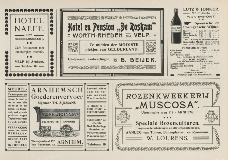 Advertisements, album page, Advertisements for, among others, Hotel Naeff, Hotel and guesthouse de Roskam, Lutz & Jonker wine import, Arnhem goods transport Th. Zijlman and Muscosa Rose Nursery. This page is part of an album., Netherlands, in or after 1908, paper, printing, height 240 mm x width 324 mm, advertising, The image shows a vintage printed page of advertisements arranged in rectangular panels with decorative borders; there are various typographic styles and ornamental motifs, a stylized illustration of a wagon, a detailed drawing of a bottle, and two small framed head-and-shoulders female portraits; the page background is an aged off-white and the printed elements are in dark ink.
