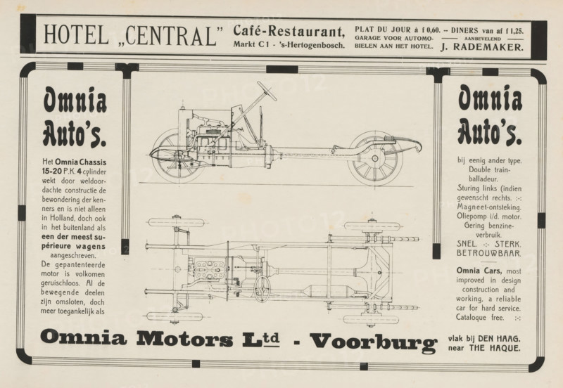 Advertisements, album page, Advertisements for Hotel Central and Omnia Motors Ltd. This page is part of an album., Netherlands, in or after 1908, paper, printing, height 240 mm x width 324 mm, automobile, advertising, painting, drawing and the graphic arts, The image shows a vintage advertisement layout with a decorative border and two detailed technical line drawings of a vehicle chassis and axles centered on the page, one shown in side profile and another shown in a top-down or underside view; there are two tall vertical panels on either side containing stylized headings and columns of printed lines, and a horizontal banner across the top with additional printed blocks; ornamental corner elements and thin double-line rules frame the content, and there are small scattered aging spots on the paper.