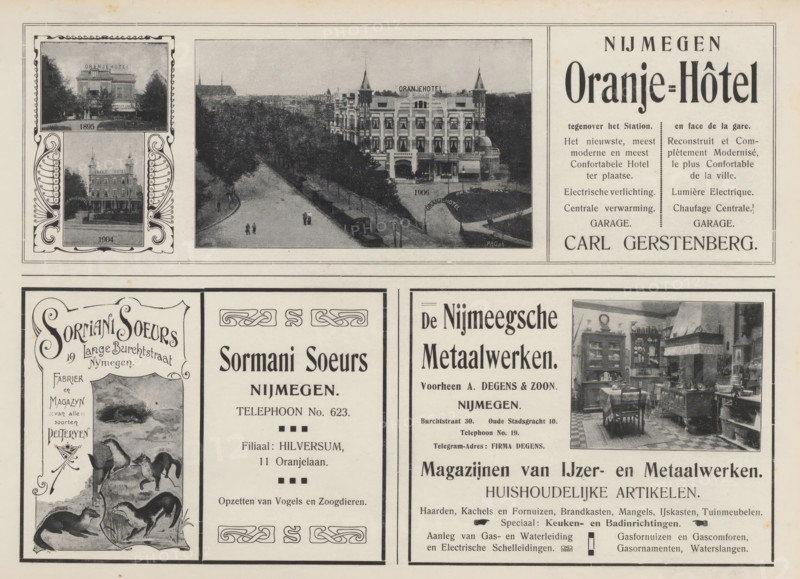Advertisements, album page, reproduction, photomechanical print, Advertisements for, among others, Oranje-Hôtel Nijmegen, Sormari Soeurs and the Nijmeegsche Metaalwerken. An image is included next to some advertisements. This page is part of an album., Netherlands, in or after 1908, paper, printing, autotype, height 240 mm x width 324 mm, interior of the house, advertising, hotel, hostelry, inn, beasts of prey, predatory animals: mink, The image shows a printed page with a large rectangular panel at the top containing three small black-and-white photographic images of a grand multi-story building and a tree-lined street, framed decorative borders around the smaller photos, and a tall column of typographic headings and blocks to the right; below this panel are several rectangular advertisement panels separated by dark borders, one with stylized decorative lettering and an illustrated scene of animals in a framed vignette, another with a centered column of text and ornamental corner moti...
