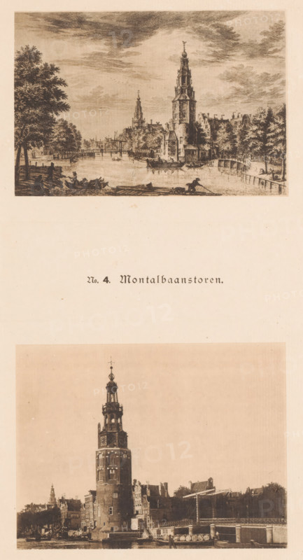 Two views of the Montelbaan Tower in Amsterdam, one of which is a reproduction of a print by Simon Fokke, No. 4. Montelbaan Tower, reproduction, photomechanical print, These prints are part of an album., after print by, publisher: Johan Marinus Schalekamp, Amsterdam, 1890 - 1900, paper, collotype, photogravure, height 348 mm x width 250 mm, height 96 mm x width 140 mm x height 106 mm x width 139 mm, canals, waters (in city) (city(-scape) with figures, staffage), tower, clock tower, monumental adornment, Montelbaan Tower, A vertical sheet showing two sepia-toned images of a waterfront tower and surrounding buildings separated by blank space, with stylized printed lettering between the images; the top image is an etching-like scene of a tall ornate tower beside water with boats, trees along the banks, a small bridge, and figures in boats and on the shore under a cloudy sky; the bottom image is a photographic view of a cylindrical tower with clock faces next to rows of buildings, a bridge...