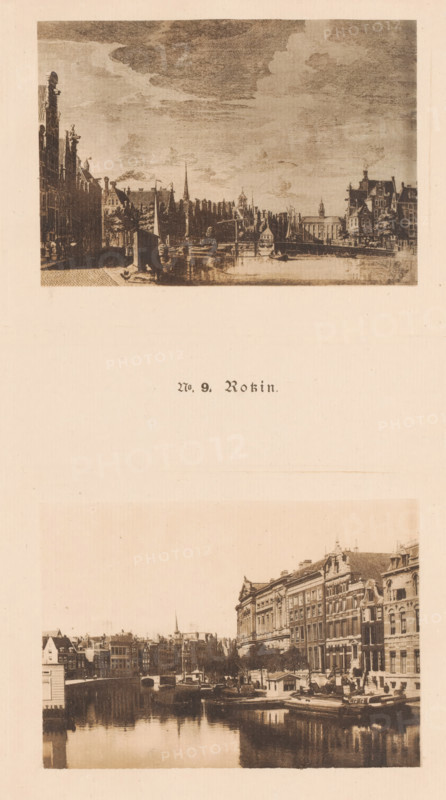 Two views of the Rokin in Amsterdam, one of which is a reproduction of a print by Hendrik Spilman after Jan de Beijer, No. 9. Rokin, reproduction, photomechanical print, These prints are part of an album., after print by Hendrik Spilman, after drawing by Jan de Beijer, publisher: Johan Marinus Schalekamp, Amsterdam, 1890 - 1900, Hendrik Spilman, after print by, paper, collotype, photogravure, height 348 mm x width 250 mm, height 96 mm x width 135 mm x height 97 mm x width 136 mm, church (exterior), street (city(-scape) with figures, staffage), Noorderkerk, A vertical page with two sepia-toned images of a canal scene separated by empty space, the upper image showing a wide view of a waterway lined with buildings and a sky filled with clouds, and the lower image depicting a closer view of a canal with reflected buildings along the right bank and various rooftops and architectural facades visible along the horizon.