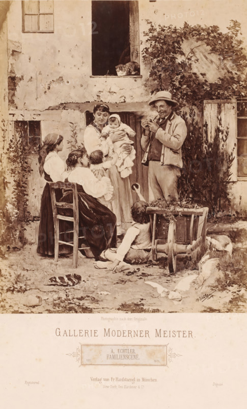 Reproduction of painting 'Familienscene' by Adolf Echtler (1843-1914), Gallerie Moderner Meister, photograph, Italianate family scene by the genre painter Adolf Echtler (1843-1914), father Eduard Echtler was a painter and photographer., caption: 'Photographie nach dem Originale., GALLERIE MODERNER MEISTER, A.Echtler., FAMILIENSCENE., 1211, 1879., Verlag von Franz Hanfstaengl in Munich., registered New-York, Geo.Kirchner & Co. Déposé.', signature: 'Ad. Echtler ...?', photographer: Franz Hanfstaengl Kunstverlag A.-G., Munich, in or after 1879 - c. 1890, Bavaria, pasteboard, paper, albumen print, height 240 mm x width 193 mm, height 478 mm x width 319 mm, A group of people gathered outside a worn building with a window and an open dark doorway shows a seated woman on a wooden chair facing slightly away, a standing woman holding a baby wrapped in cloth, a man wearing a hat and jacket who is lighting or holding a pipe, a child leaning back against a wooden cart and reaching up, and another ...