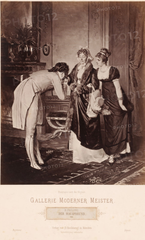 Reproduction of painting 'Der Hausfreund' by H. Phillipps, Gallerie Moderner Meister, photograph, Genre scene with two ladies and a man., caption: 'Photographie nach dem Originale., GALLERIE MODERNER MEISTER, H.Phillipps., DER HAUSFREUND., registered Verlag von Fr. Hanfstaengl in Munich, Vervielfältigung vorbehalten, Déposé', photographer: Franz Hanfstaengl Kunstverlag A.-G., Munich, c. 1880 - c. 1900, Bavaria, pasteboard, paper, albumen print, height 232 mm x width 190 mm, height 478 mm x width 319 mm, An interior scene showing three people in period clothing standing on a patterned rug in front of paneled walls and heavy drapery; a man in a long coat and striped stockings is bent forward, kissing the hand of an older woman who wears a dark fur-trimmed cloak and a bonnet, while a younger woman in a dark dress with a lace-trimmed bodice stands beside them holding a hat and a small bag, her free hand lifting part of her skirt; behind them a wooden mantelpiece with vases and foliage is v...