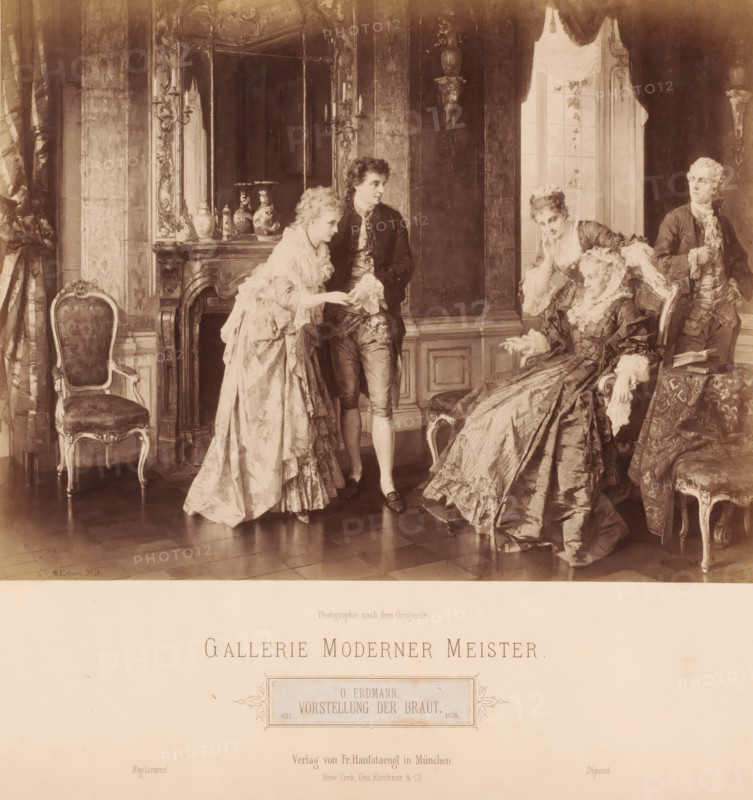 Reproduction of painting 'Vorstellung der Braut' by Otto Erdmann (1834-1905), Gallerie Moderner Meister, photograph, Genre scene with five people in an interior., caption: 'Photographie nach dem Originale., GALLERIE MODERNER MEISTER, O.ERDMANN. VORSTELLUNG DER BRAUT 631, 1878, Verlag von Fr. Hanfstaengl in Munich, New York, Geo. Kirchner & Co., Registered, Déposé', photographer: Franz Hanfstaengl Kunstverlag A.-G., Munich, in or after 1878 - c. 1900, Bavaria, pasteboard, paper, albumen print, height 321 mm x width 481 mm, height 478 mm x width 319 mm, A sepia-toned interior scene showing ornate wall paneling and drapery, a carved fireplace mantel topped with decorative vases, and a tall window with light streaming through; in front of the fireplace stand a man in period clothing and a woman in a voluminous dress holding his hand, while to their right an older woman in an elaborate gown sits in a chair with a younger woman leaning on the chair back and a man standing nearby, all wearing...