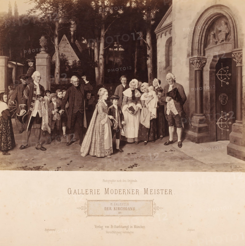Reproduction of painting 'Der Kirchgang' by H. Salentin, Gallerie Moderner Meister, photograph, Churchgoers in front of a church., caption: 'Photographie nach dem Originale., GALLERIE MODERNER MEISTER, H. SALENTIN, DER KIRCHGANG, 537., Verlag von Fr. Hanfstaengl in Munich, Verfielfältigung vorbehalten., Registered, Déposé', photographer: Franz Hanfstaengl Kunstverlag A.-G., Munich, c. 1875 - c. 1900, Bavaria, pasteboard, paper, albumen print, height 173 mm x width 250 mm, height 319 mm x width 480 mm, A group of people stands outside a stone building with an arched doorway and decorative columns, surrounded by trees and a distant house; the figures include men in formal coats and breeches, women in dresses and aprons, and children in period clothing, with some holding hats, a book, and an infant, while a carved relief sits above the doorway and a tall ornate pillar and wrought metal door detail are visible at the entrance.
