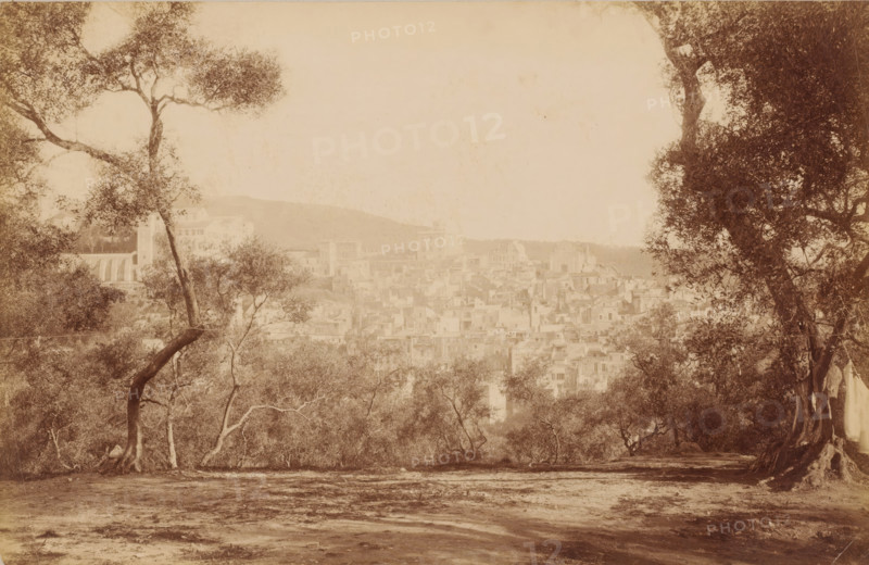 View from a park ? of houses of a place partially situated on a hill and trees on either side, photograph, View from a park ? of houses of a place partially situated on a hill and trees on either side. Mediterranean architectural style ?, c. 1880 - c. 1900, photographer, paper, pasteboard, albumen print, height 186 mm, width 289 mm x width 387 mm, height 300 mm, A sepia-toned view shows a town of densely packed light-colored buildings on a hillside seen through a foreground of large, gnarled trees with twisting trunks and leafy canopies; the ground in front appears bare with patches of dirt and sparse vegetation, and the trees frame the town on both sides with branches and foliage creating a natural border around the clustered structures.