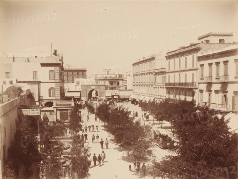 Street view in Algiers ?, Algeria, photograph, Algeria., inscription: 'Algiers', c. 1860 - c. 1890, photographer, paper, pasteboard, albumen print, height 197 mm, width 260 mm x width 440 mm, height 325 mm, North Africa, Algiers, A wide street scene viewed from above showing a broad avenue lined with trees and flanked by multi-story buildings with shuttered windows and balconies; many people walk along the sunlit avenue, some in small groups and others individually, while a tram moves along tracks beneath the trees; toward the center background an arched stone gateway spans the street and behind it more buildings rise, and storefront awnings and canopies extend from the lower levels of the buildings on both sides.