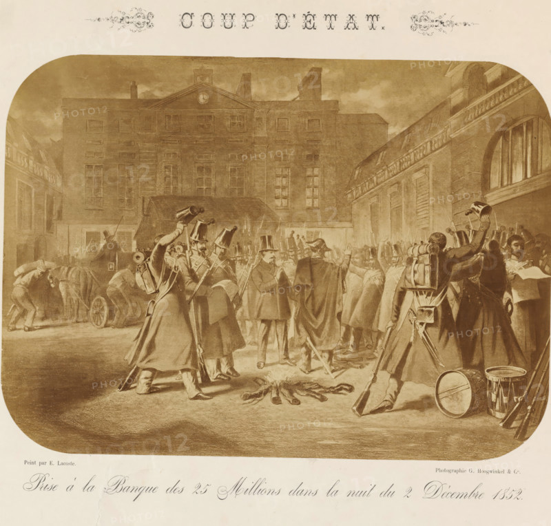 Photo reproduction of the painting Coup d'etat by E. Lacoste, Coup d'etat. Prize à la banque des 25 millions dans la nuit du 2 décembre 1852, photograph, reproduction, stamp: 'BOEKHANDEL, F. GUNST, AMSTERDAM', photographer: Gerrit Hoogwinkel Jr., Netherlands, after painting by Pierre Eugène Lacoste, 1852 - 1890, pasteboard, paper, albumen print, height 221 mm x width 305 mm, height 466 mm x width 540 mm, picture, painting, A sepia-toned scene of a crowded street in front of a multi-story building with tall windows and a triangular pediment, flanked by other architectural facades with arches and balustrades, with a group of uniformed figures in coats and tall hats clustered in the foreground carrying rifles and drums, some raising their hats or hands, a small fire burning on the ground near scattered clothing, a cart and figures working near its wheels at the left, and various onlookers and soldiers filling the space beneath a cloudy sky.