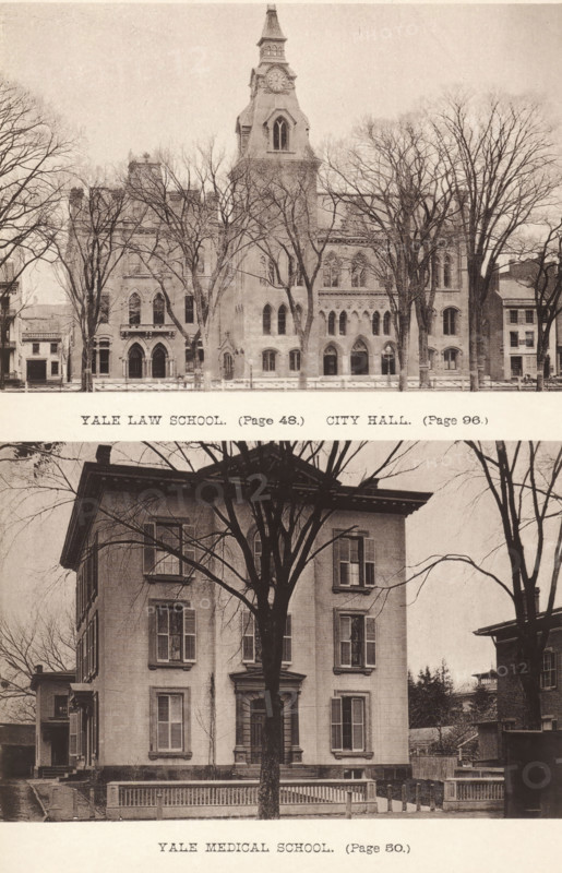Yale Medical School, Yale Law School, page, photomechanical print, photographer: James Notman, New Haven, cliché maker: anonymous, c. 1872 - in or before 1882, North America, Connecticut, paper, collotype, photoprint, height 190 mm x width 136 mm, Prints opposite page 98., facade (of house or building), university, Yale University, A vertically split sepia photograph shows an upper view of a large Gothic-style public building with a central clock tower and pointed arched windows, flanked by leafless trees whose bare branches extend across the façade; below that, a separate image shows a rectangular three-story house with tall shuttered windows and a columned entrance, a tall bare tree standing directly in front of it and a low fence along the sidewalk.